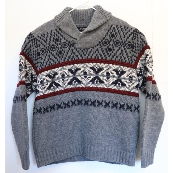 L'Uomo Mens‎ Sweater Large Fisherman Button Grandpa Acrylic Wool Grey Fair Isle - Picture 1 of 7